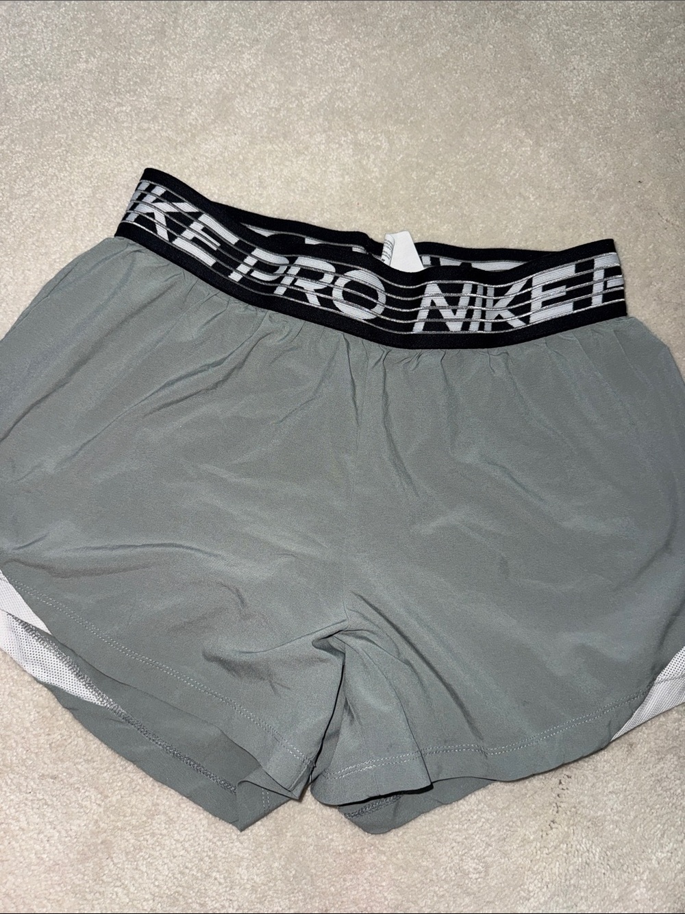 Nike Women's Light Gray Pro Athletic Shorts with Branded Waistband